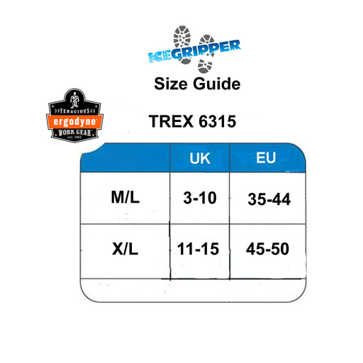 ERGODYNE TREX 6315 size guide at ICEGRIPPER