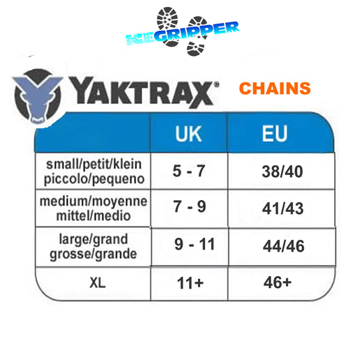 Yaktrax Chains size guide by ICEGRIPPER