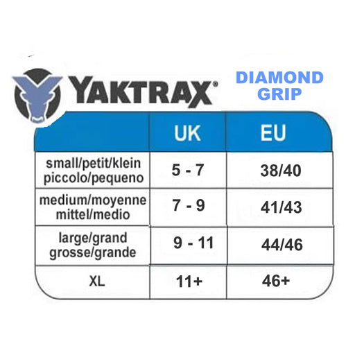 Yaktrax Diamond Grip size guide from ICEGRIPPER