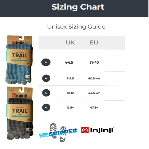 Sizing chart for Injinji Trail Midweight Over the Calf – Performance Toe Socks. Buy now at ICEGRIPPER