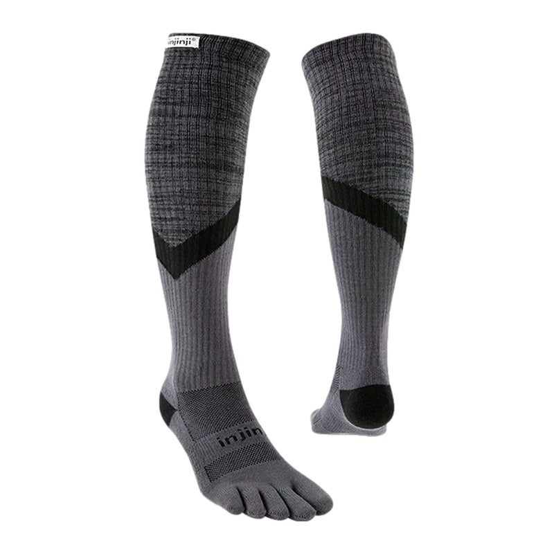 Pair ofPair of Injinji Trail Midweight Over the Calf – Performance Toe Socks in Granite -  gray knee-high socks with black accents . Buy now at ICEGRIPPER.