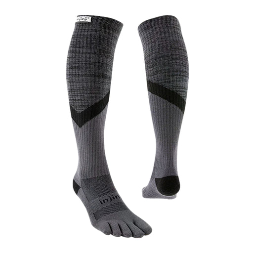 Pair ofPair of Injinji Trail Midweight Over the Calf – Performance Toe Socks in Granite -  gray knee-high socks with black accents . Buy now at ICEGRIPPER.