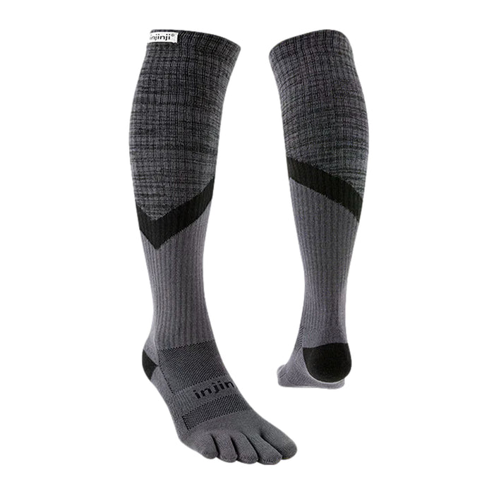 Pair ofPair of Injinji Trail Midweight Over the Calf – Performance Toe Socks in Granite -  gray knee-high socks with black accents . Buy now at ICEGRIPPER.