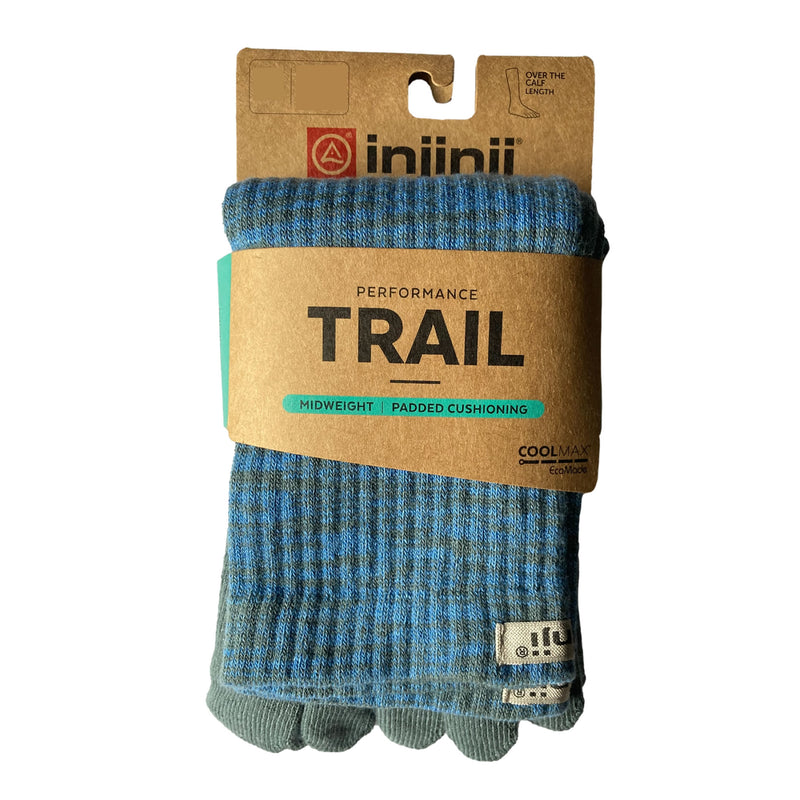 Injinji Trail Midweight Over the Calf – Performance Toe Socks in Storrm, blue-gray. Pair presented on a retail hanging card. Buy now at ICEGRIPPER