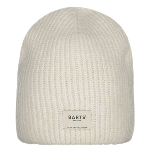 Barts Darty Beanie in Cream. Ribbed pattern women's beanie, 65% recycled polyester, cuffed-less beanie, with a higher fit.