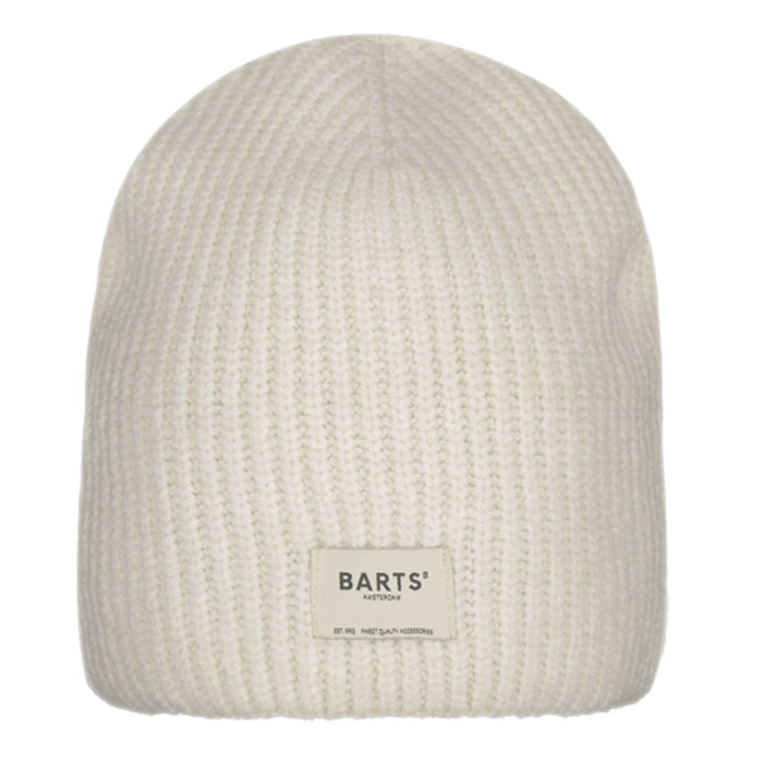 Barts Darty Beanie in Cream. Ribbed pattern women's beanie, 65% recycled polyester, cuffed-less beanie, with a higher fit.