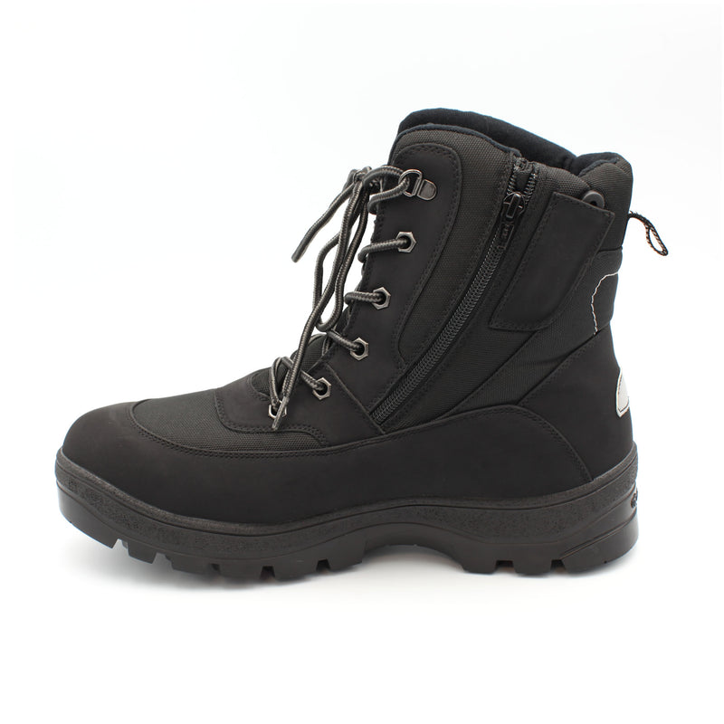 The Keele Men's winter boot, black, designed to tackle everything the season throws at you. Cold, wet, or icy conditions are no match for its rugged build, with a 100% waterproof matt PU and nylon upper and the patented OC anti slip system built into the sole. Buy now at ICEGRIPPER.