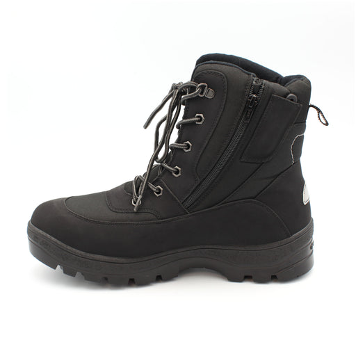 The Keele Men's winter boot, black, designed to tackle everything the season throws at you. Cold, wet, or icy conditions are no match for its rugged build, with a 100% waterproof matt PU and nylon upper and the patented OC anti slip system built into the sole. Buy now at ICEGRIPPER.