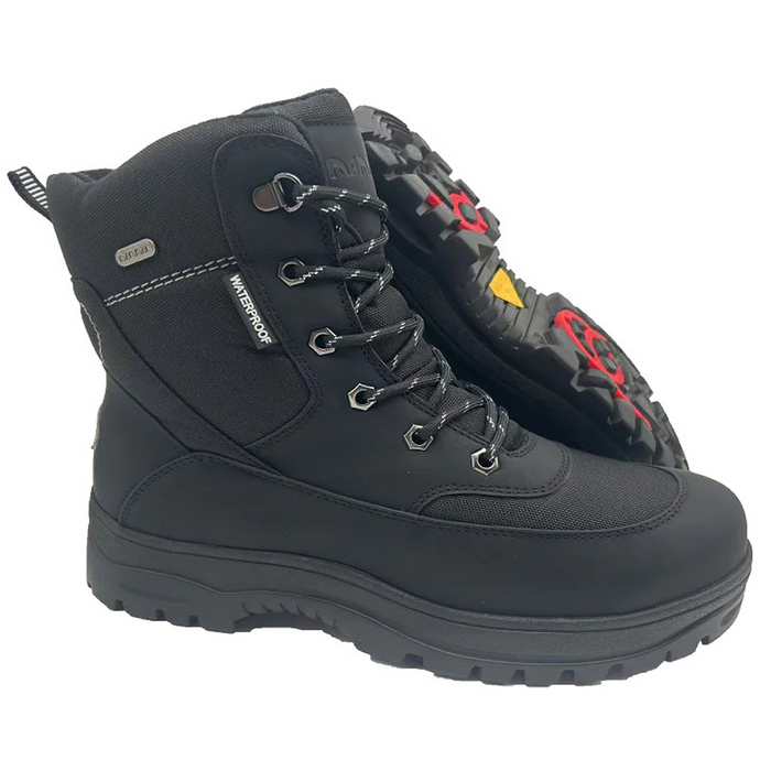 The Keele Men's winter boot, black, designed to tackle everything the season throws at you. Cold, wet, or icy conditions are no match for its rugged build, with a 100% waterproof matt PU and nylon upper and the patented OC anti slip system built into the sole. Buy now at ICEGRIPPER.