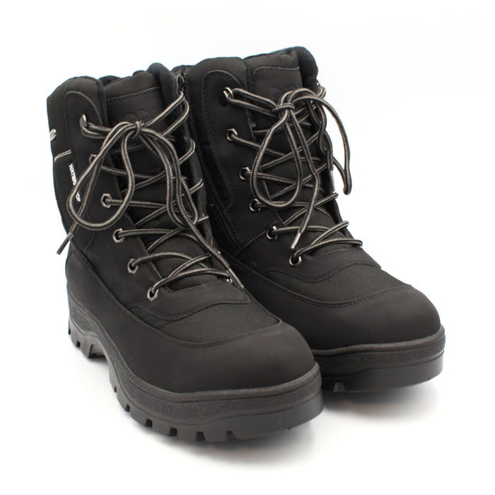 The Keele Men's winter boot, black, designed to tackle everything the season throws at you. Cold, wet, or icy conditions are no match for its rugged build, with a 100% waterproof matt PU and nylon upper and the patented OC anti slip system built into the sole. Buy now at ICEGRIPPER.