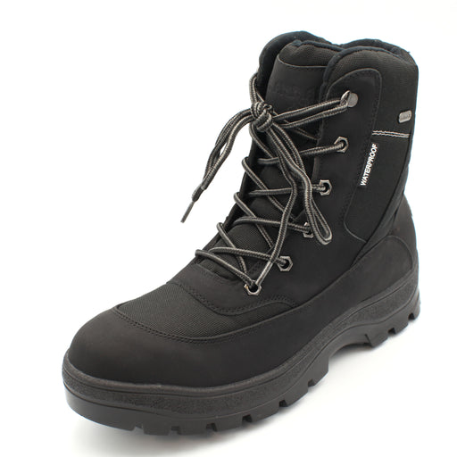 The Keele Men's winter boot, black, designed to tackle everything the season throws at you. Cold, wet, or icy conditions are no match for its rugged build, with a 100% waterproof matt PU and nylon upper and the patented OC anti slip system built into the sole. Buy now at ICEGRIPPER.