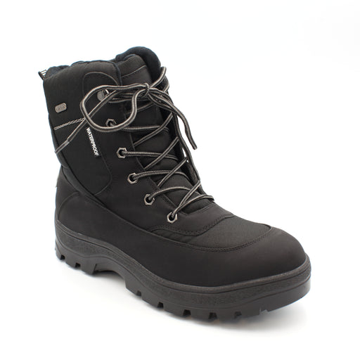 The Keele Men's winter boot, black, designed to tackle everything the season throws at you. Cold, wet, or icy conditions are no match for its rugged build, with a 100% waterproof matt PU and nylon upper and the patented OC anti slip system built into the sole. Buy now at ICEGRIPPER.