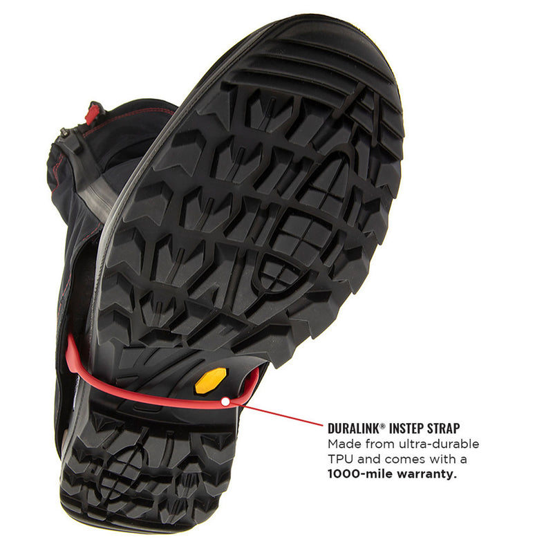 Close-up of the red Duralink instep strap on the Kahtoola LEVAgaiter GTX. Buy now at ICEGRIPPER.