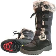 The Lucia2 women's full length winter boot in Black is a classic Alpine style tall boot. This image showcases the on/off OC System ice grip sole. Buy yours at ICEGRIPPER.