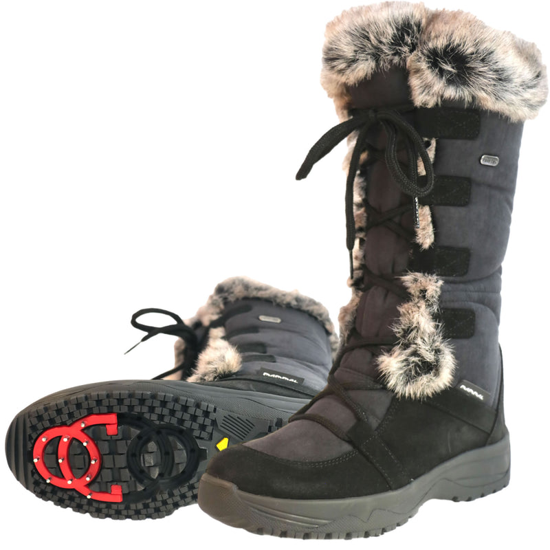 The Lucia2 women's full length winter boot in Black is a classic Alpine style tall boot. This image showcases the on/off OC System ice grip sole. Buy yours at ICEGRIPPER.