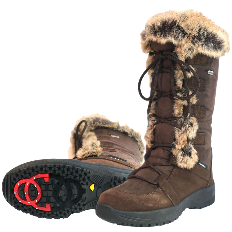 The Mammal Lucia2 OC Brown calf top boot has the built in retractable OC ice grip system providing stability and confidence in slippery conditions, making the Lucia2 a seriously practical and stylish winter boot. Buy now at ICEGRIPPER.