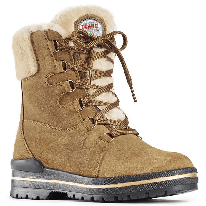 Olang Meribel BTX OC Women Winter Thermal Snow Boots with OC Ice Grip System, Tan. Highlighting the hydro suede leather uppers with original shearling detailing on the ankle cuff and tongue. Buy now at ICEGRIPPER.