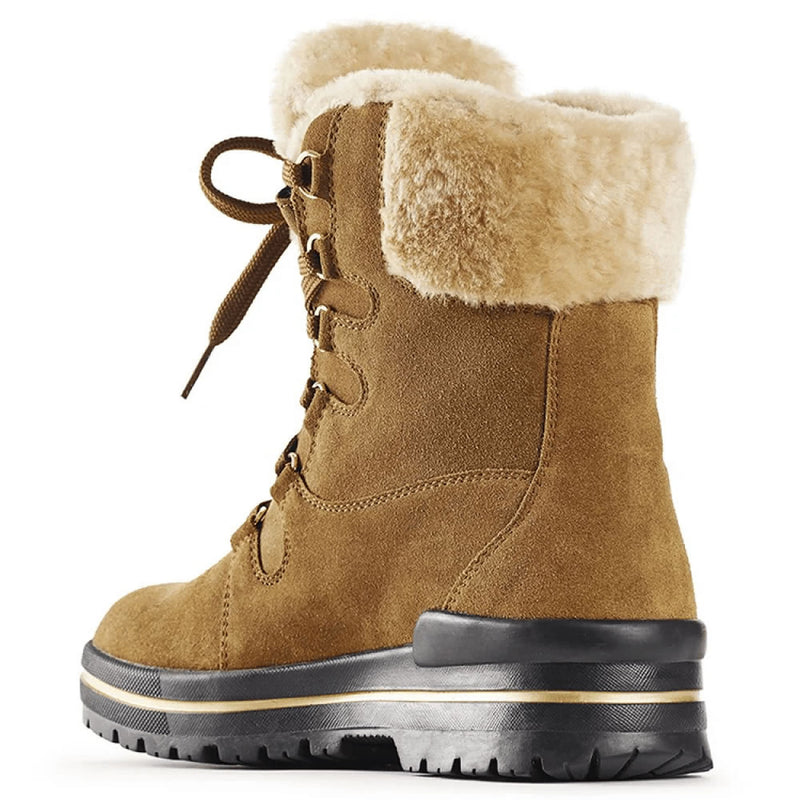 Olang Meribel BTX OC Women Winter Thermal Snow Boots with OC Ice Grip System, Tan. Shown from the rear. Highlighting the hydro suede leather uppers with original shearling detailing on the ankle cuff. Buy now at ICEGRIPPER.