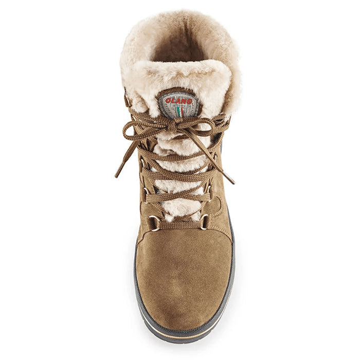 Olang Meribel BTX OC Women Winter Thermal Snow Boots with OC Ice Grip System, Tan. Shown from above. Highlighting the hydro suede leather uppers with original shearling detailing on the ankle cuff and tongue. Also details the d-ring lacing system. Buy now at ICEGRIPPER.