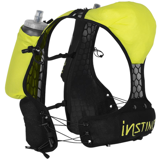 Black and yellow hydration vest with water bottle on a white background. Born on the trails of the French Alps and race approved around the world, the Instinct PX 3.1L is a simple, lightweight, minimal, non-compressive & no bounce option for carrying your essentials on the Trail. Recommended for Road & Trail runs over an hour and up to marathon distances. Buy now at ICEGRIPPER.