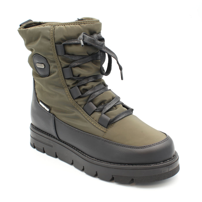 The Taylor, Olive, is a Women's waterproof winter boot with ice grip OC System soles. It features a side zip for easy entry and front laces for personalised fit. Buy now at ICEGRIPPER.