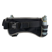 Rear view of the Ultimate Direction 600 running belt with two, 300ml water bottles and Ultimate Direction logo. Showing the adjustable belt strap and quick clip and release buckle. Buy now at ICEGRIPPER.
