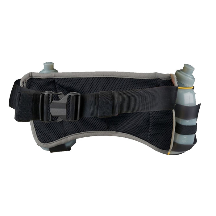 Rear view of the Ultimate Direction 600 running belt with two, 300ml water bottles and Ultimate Direction logo. Showing the adjustable belt strap and quick clip and release buckle. Buy now at ICEGRIPPER.