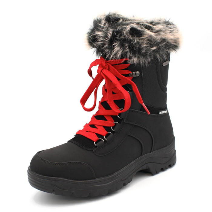 The Yukon Women's Winter Boot in Black, features faux fur trim for extra warmth and winter flair, a removable felt insole for all-day comfort, YKK side zipper with gusset and lace-up front for easy wear and a snug fit, and comes with an extra pair of black laces to switch up your look. It also features the incredible on/off ice grip anti slio OC System soles. Buy now at ICEGRIPPER.