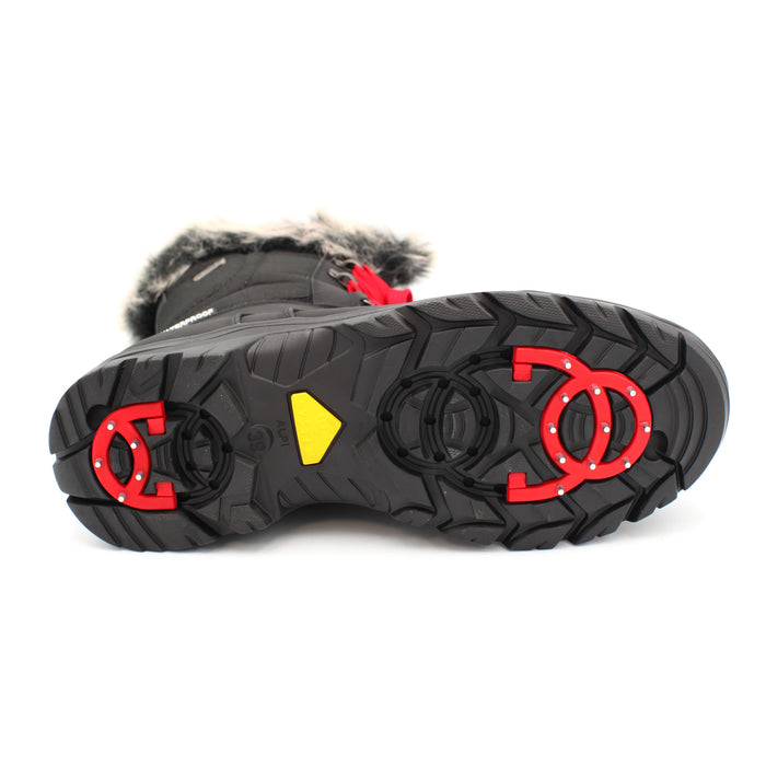 The Yukon Women's Winter Boot in Black, features faux fur trim for extra warmth and winter flair, a removable felt insole for all-day comfort, YKK side zipper with gusset and lace-up front for easy wear and a snug fit, and comes with an extra pair of black laces to switch up your look. It also features the incredible on/off ice grip anti slio OC System soles. Buy now at ICEGRIPPER.