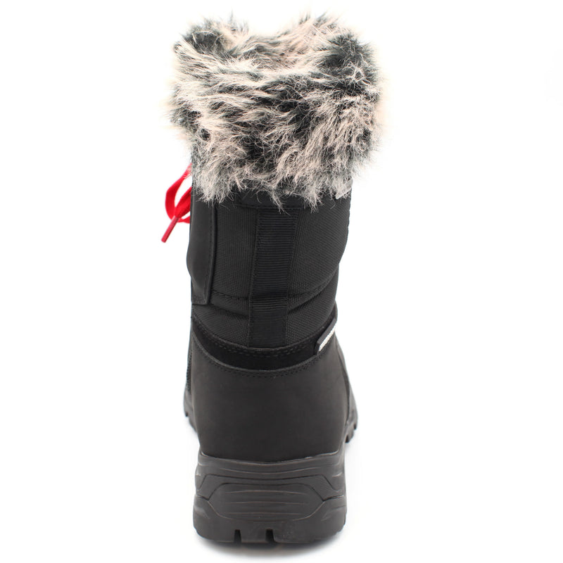 The Yukon Women's Winter Boot in Black, features faux fur trim for extra warmth and winter flair, a removable felt insole for all-day comfort, YKK side zipper with gusset and lace-up front for easy wear and a snug fit, and comes with an extra pair of black laces to switch up your look. It also features the incredible on/off ice grip anti slio OC System soles. Buy now at ICEGRIPPER.