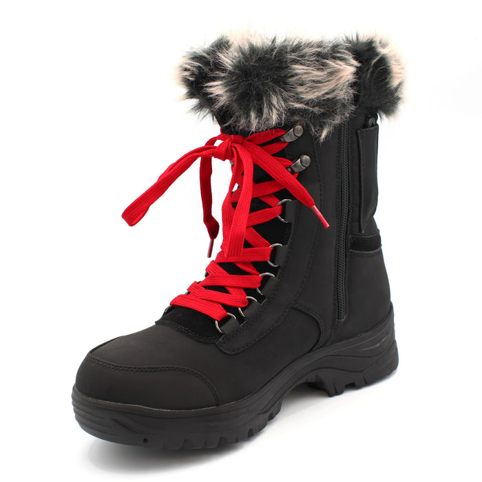 The Yukon Women's Winter Boot in Black, features faux fur trim for extra warmth and winter flair, a removable felt insole for all-day comfort, YKK side zipper with gusset and lace-up front for easy wear and a snug fit, and comes with an extra pair of black laces to switch up your look. It also features the incredible on/off ice grip anti slio OC System soles. Buy now at ICEGRIPPER.