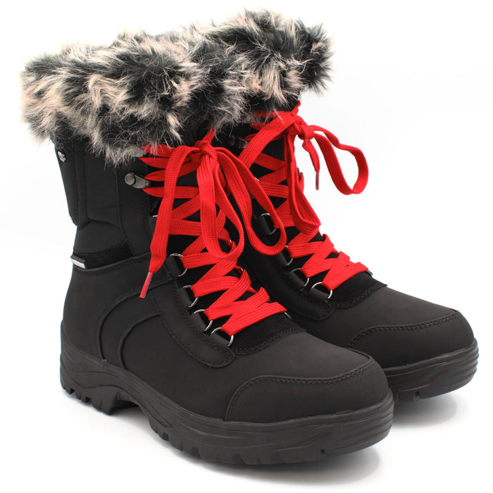 The Yukon Women's Winter Boot in Black, features faux fur trim for extra warmth and winter flair, a removable felt insole for all-day comfort, YKK side zipper with gusset and lace-up front for easy wear and a snug fit, and comes with an extra pair of black laces to switch up your look. It also features the incredible on/off ice grip anti slio OC System soles. Buy now at ICEGRIPPER.