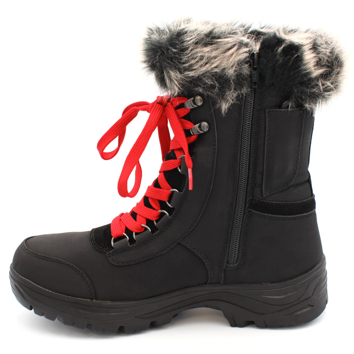 The Yukon Women's Winter Boot in Black, features faux fur trim for extra warmth and winter flair, a removable felt insole for all-day comfort, YKK side zipper with gusset and lace-up front for easy wear and a snug fit, and comes with an extra pair of black laces to switch up your look. It also features the incredible on/off ice grip anti slio OC System soles. Buy now at ICEGRIPPER.