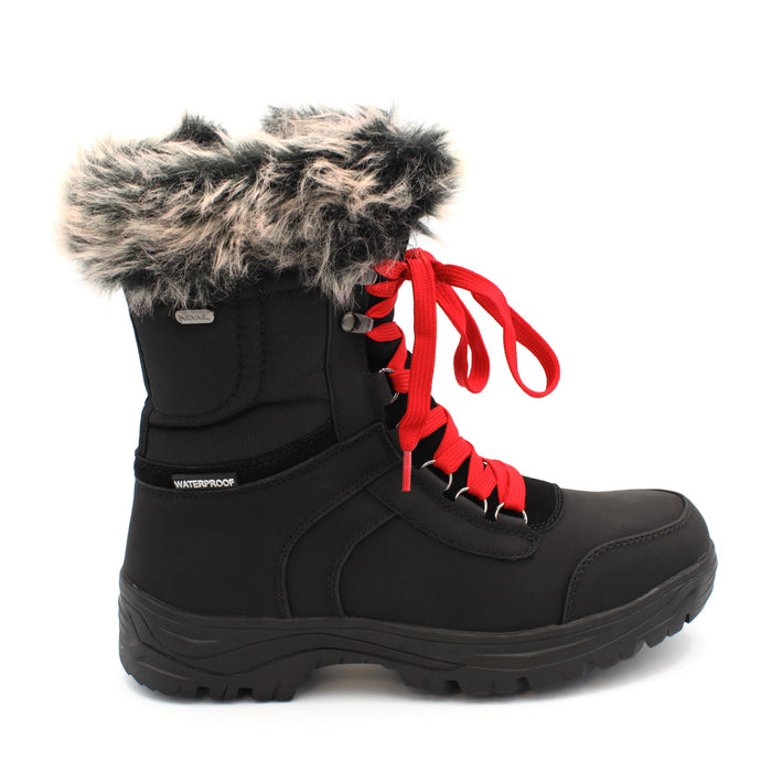 The Yukon Women's Winter Boot in Black, features faux fur trim for extra warmth and winter flair, a removable felt insole for all-day comfort, YKK side zipper with gusset and lace-up front for easy wear and a snug fit, and comes with an extra pair of black laces to switch up your look. It also features the incredible on/off ice grip anti slio OC System soles. Buy now at ICEGRIPPER.