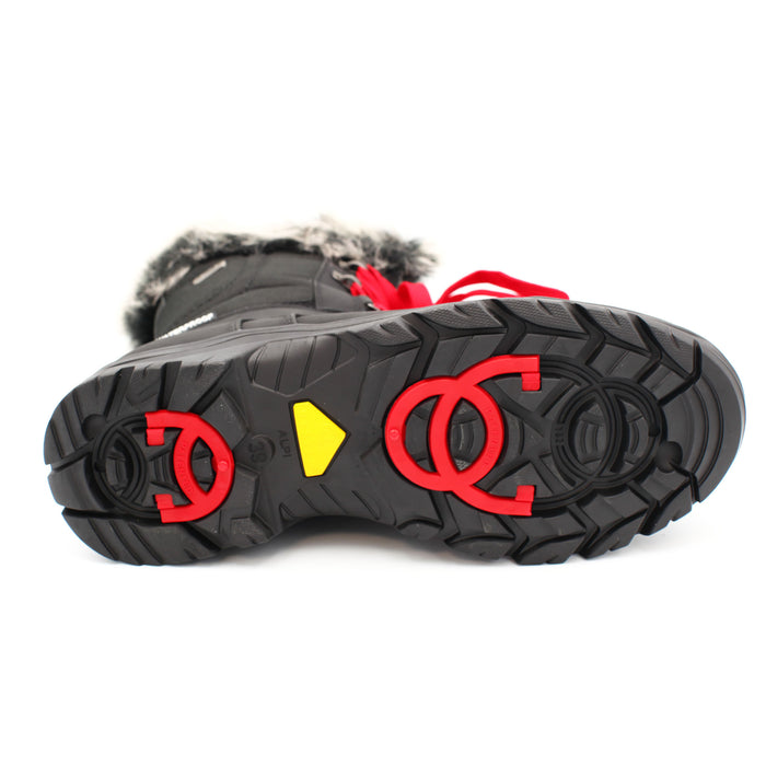 The Yukon Women's Winter Boot in Black, features faux fur trim for extra warmth and winter flair, a removable felt insole for all-day comfort, YKK side zipper with gusset and lace-up front for easy wear and a snug fit, and comes with an extra pair of black laces to switch up your look. It also features the incredible on/off ice grip anti slio OC System soles. Buy now at ICEGRIPPER.