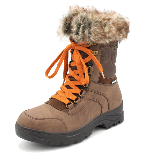 The Yukon Women's Winter Boot in Brown, features faux fur trim for extra warmth and winter flair, a removable felt insole for all-day comfort, YKK side zipper with gusset and lace-up front for easy wear and a snug fit, and comes with an extra pair of brown laces to switch up your look. It also features the incredible on/off ice grip anti slio OC System soles. Buy now at ICEGRIPPER.