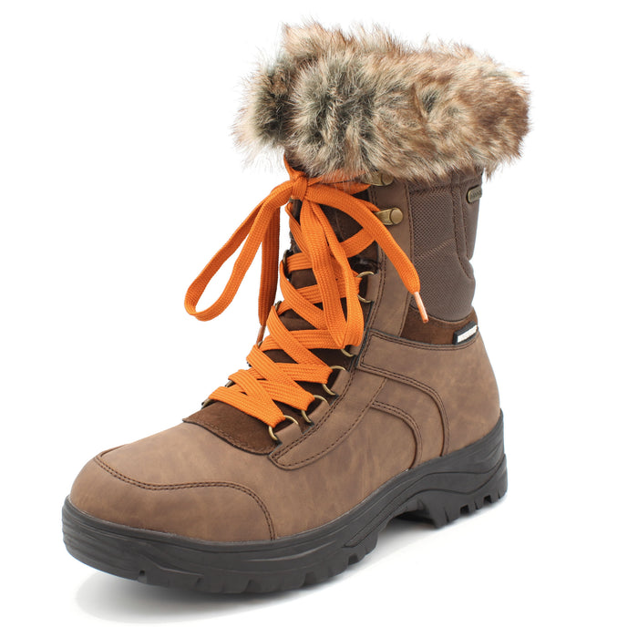 The Yukon Women's Winter Boot in Brown, features faux fur trim for extra warmth and winter flair, a removable felt insole for all-day comfort, YKK side zipper with gusset and lace-up front for easy wear and a snug fit, and comes with an extra pair of brown laces to switch up your look. It also features the incredible on/off ice grip anti slio OC System soles. Buy now at ICEGRIPPER.
