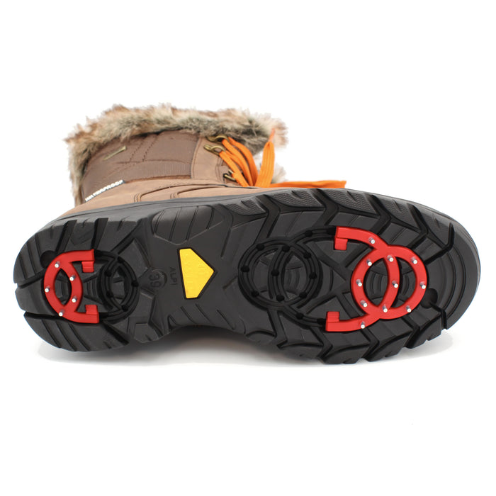 The Yukon Women's Winter Boot in Brown, features faux fur trim for extra warmth and winter flair, a removable felt insole for all-day comfort, YKK side zipper with gusset and lace-up front for easy wear and a snug fit, and comes with an extra pair of brown laces to switch up your look. It also features the incredible on/off ice grip anti slio OC System soles. Buy now at ICEGRIPPER.