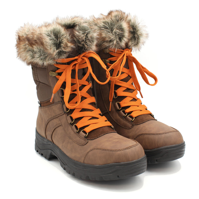 The Yukon Women's Winter Boot in Brown, features faux fur trim for extra warmth and winter flair, a removable felt insole for all-day comfort, YKK side zipper with gusset and lace-up front for easy wear and a snug fit, and comes with an extra pair of brown laces to switch up your look. It also features the incredible on/off ice grip anti slio OC System soles. Buy now at ICEGRIPPER.