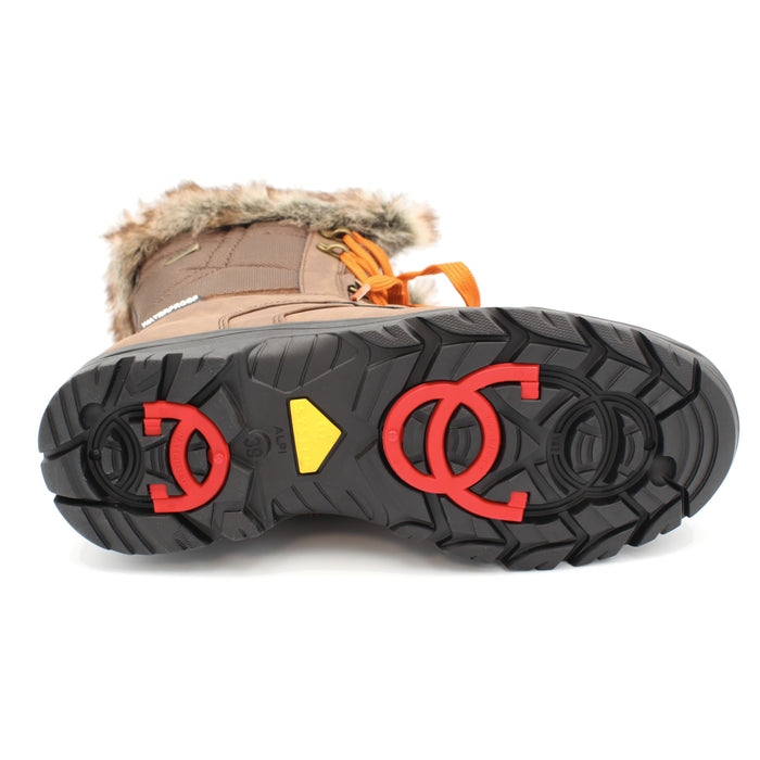 The Yukon Women's Winter Boot in Brown, features faux fur trim for extra warmth and winter flair, a removable felt insole for all-day comfort, YKK side zipper with gusset and lace-up front for easy wear and a snug fit, and comes with an extra pair of brown laces to switch up your look. It also features the incredible on/off ice grip anti slio OC System soles. Buy now at ICEGRIPPER.