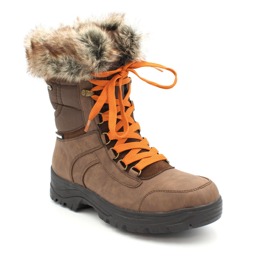 The Yukon Women's Winter Boot in Brown, features faux fur trim for extra warmth and winter flair, a removable felt insole for all-day comfort, YKK side zipper with gusset and lace-up front for easy wear and a snug fit, and comes with an extra pair of brown laces to switch up your look. It also features the incredible on/off ice grip anti slio OC System soles. Buy now at ICEGRIPPER.