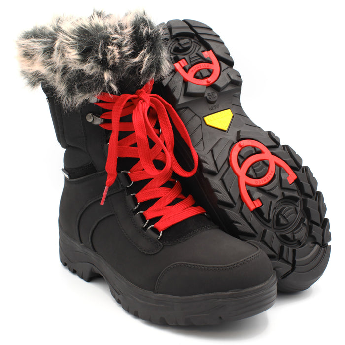 Black winter boots with red laces and unique sole designs on a white background. The Yukon Women's Winter Boot in Black, features faux fur trim for extra warmth and winter flair, a removable felt insole for all-day comfort, YKK side zipper with gusset and lace-up front for easy wear and a snug fit, and comes with an extra pair of brown laces to switch up your look. It also features the incredible on/off ice grip anti slio OC System soles. Buy now at ICEGRIPPER.
