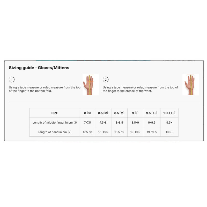 Sizing guide for Active Light Tech Gloves with measurements and illustrations. See the full listing at ICEGRIPPER.