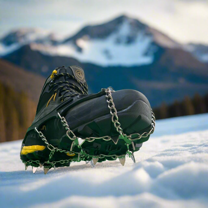 ICEGRIPPER ACTIVspikes, shown here mounted on a walking boot. Buy your ACTIVspikes at ICEGRIPPER and be prepared for your winter adventures.