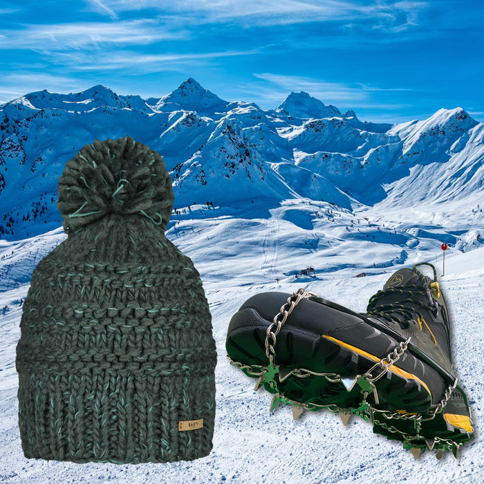 Cedar Jasmin Barts Beanie, paired with ICEGRIPPER ACTIVspikes, as a special 'bundle' offer for the 2026 Milano-Cortina Winter Olympics. Both products superimposed over a snowy ski slope background.