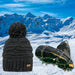 Dark Heather Jasmin Barts Beanie, paired with ICEGRIPPER ACTIVspikes, as a special 'bundle' offer for the 2026 Milano-Cortina Winter Olympics. Both products superimposed over a snowy ski slope background.
