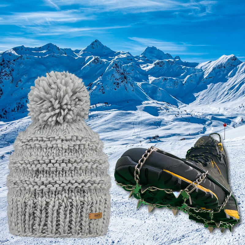 Heather Grey Jasmin Barts Beanie, paired with ICEGRIPPER ACTIVspikes, as a special 'bundle' offer for the 2026 Milano-Cortina Winter Olympics. Both products superimposed over a snowy ski slope background.