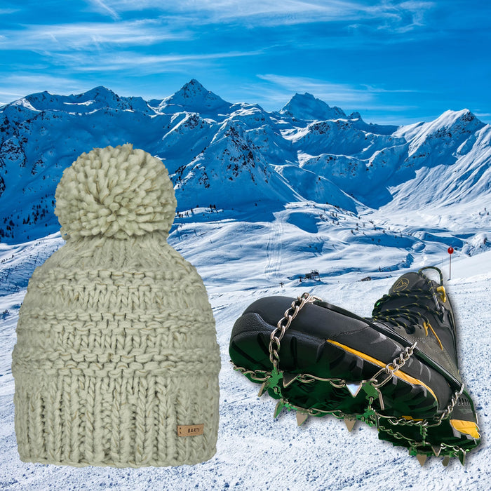 Stone Jasmine Barts Beanie, paired with ICEGRIPPER ACTIVspikes, as a special 'bundle' offer for the 2026 Milano-Cortina Winter Olympics. Both products superimposed over a snowy ski slope background.
