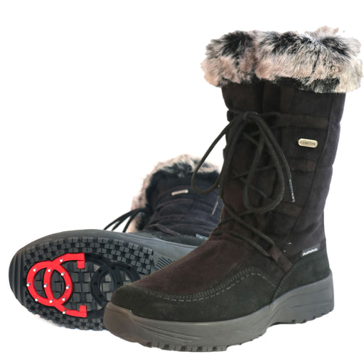 Mammal OC Bella Womens Winter Boot. A pair of women's winter lace-up boots in black suede, featuring a gray faux-fur trim at the collar and in-built OCSystem anti slip ice grips soles.