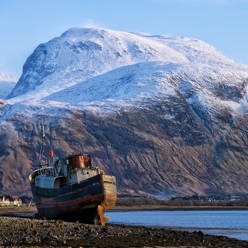 The Corpach Shipwreck, also known as the Old Boat of Caol, located near Fort William, Scotland. It sits on the shore of Loch Linnhe. ICEGRIPPER Guide Book 'Walking Ben Nevis and Glen Coe' will help you plan your walks and adventures in the area.